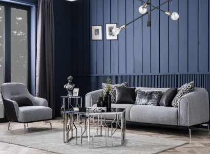 Modern Garnitur Sofa 3 Sitz Sessel Dreisitzer Stoff Grau Modern Polyester